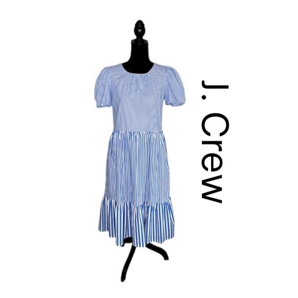 J. Crew Dresses & Skirts - J. Crew Poplin Puff Sleeve Blue Striped Tiered Midi Ruffle Dress Size 4 GUC!